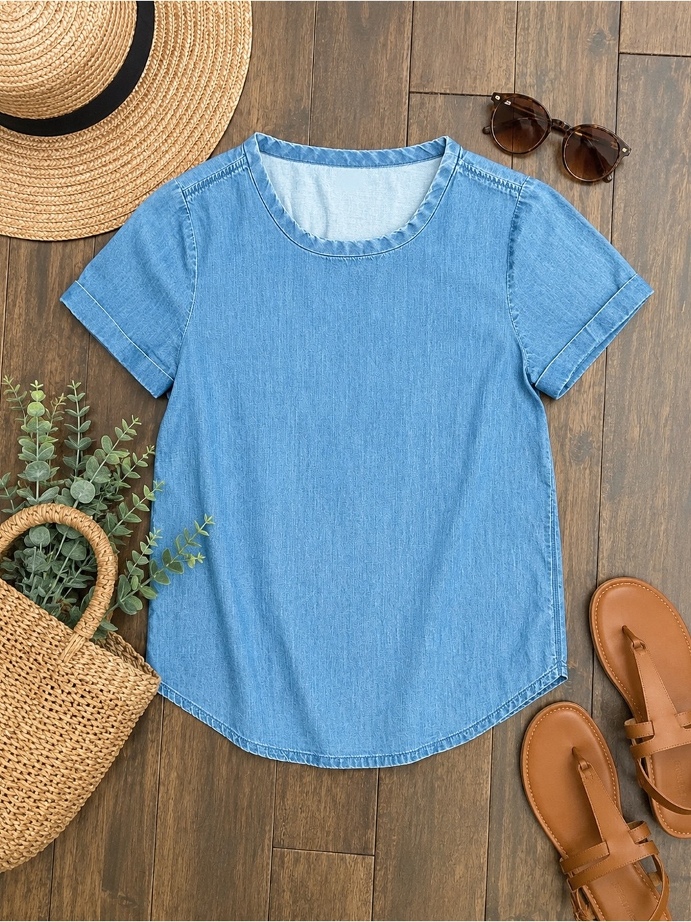 J.Crew Chambray Short Sleeve Top XXS Light Wash Denim Look 100% Cotton